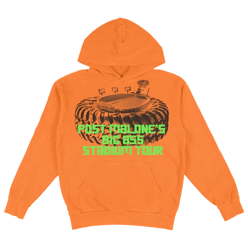 Orange Post Malone Big Ass Stadium Tour hoodie with a stadium graphic and green tour lettering