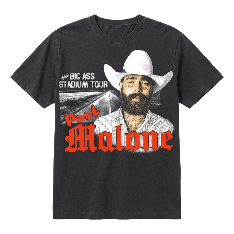 Washed black Post Malone Big Ass Stadium Tour tee with a cowboy hat photo and red script lettering