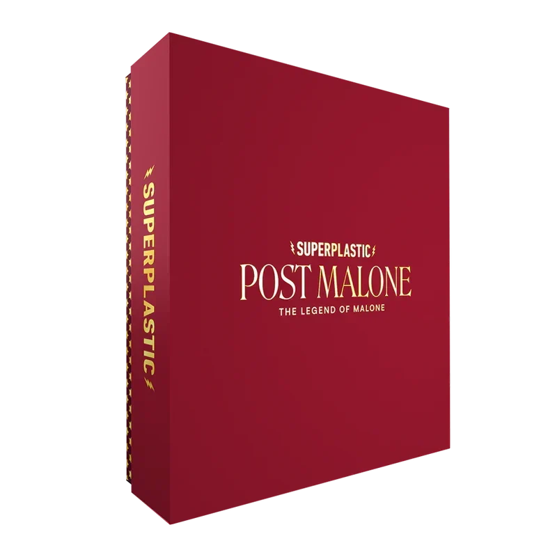 Closed burgundy Superplastic collector box for The Legend of Malone Post Malone statue release