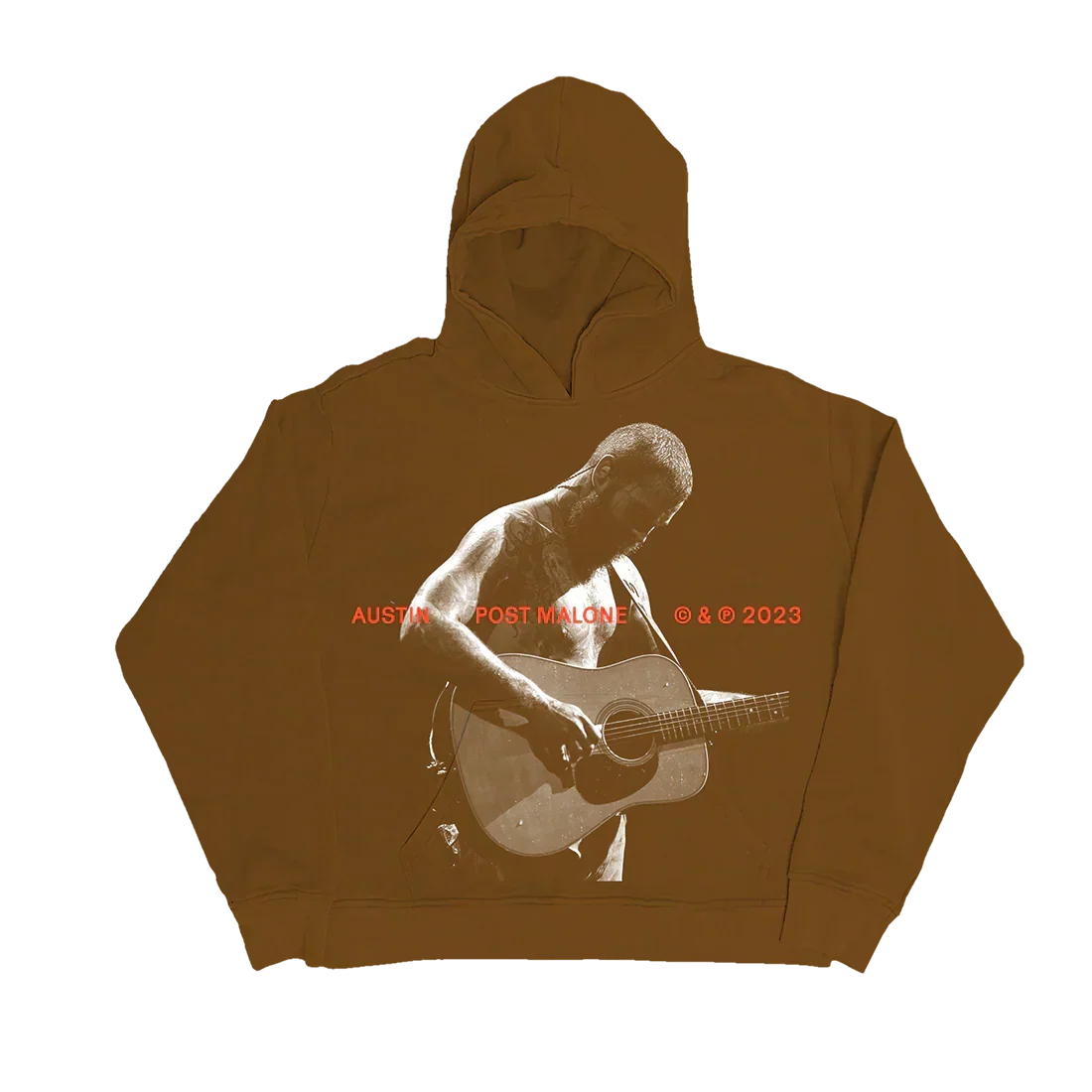 Brown Post Malone Austin hoodie back with a photo of him playing guitar and album lettering