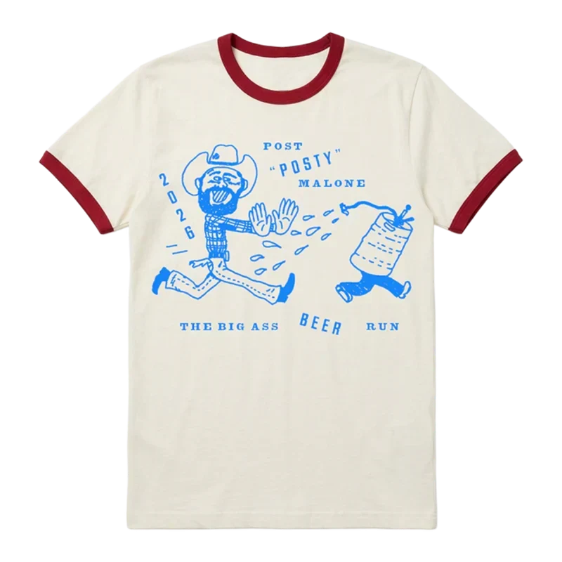 Cream Post Malone Beer Run ringer tee with red trim and a blue cartoon cowboy Big Ass Beer Run graphic