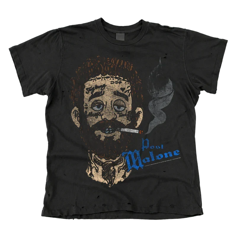 Washed black Post Malone x Cheatin Snakes tee with a cartoon smoking portrait and blue script logo