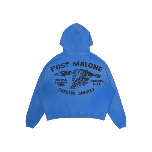 Blue Post Malone x Cheatin Snakes zip hoodie back with flying bird artwork and Kansas City tour text