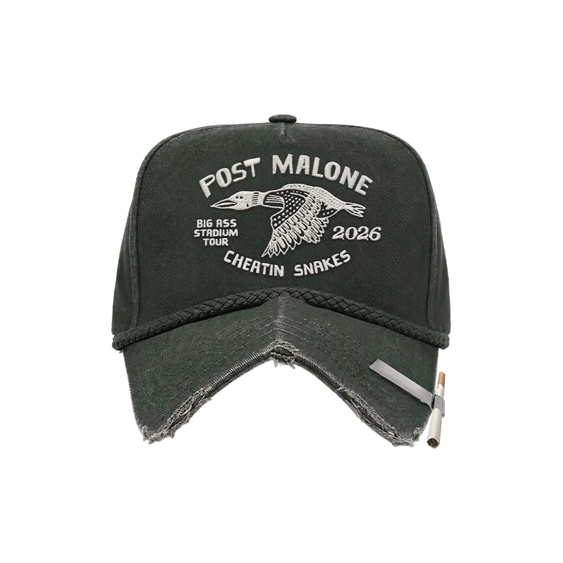 Distressed dark green Post Malone x Cheatin Snakes hat with white 2026 tour embroidery and rope trim