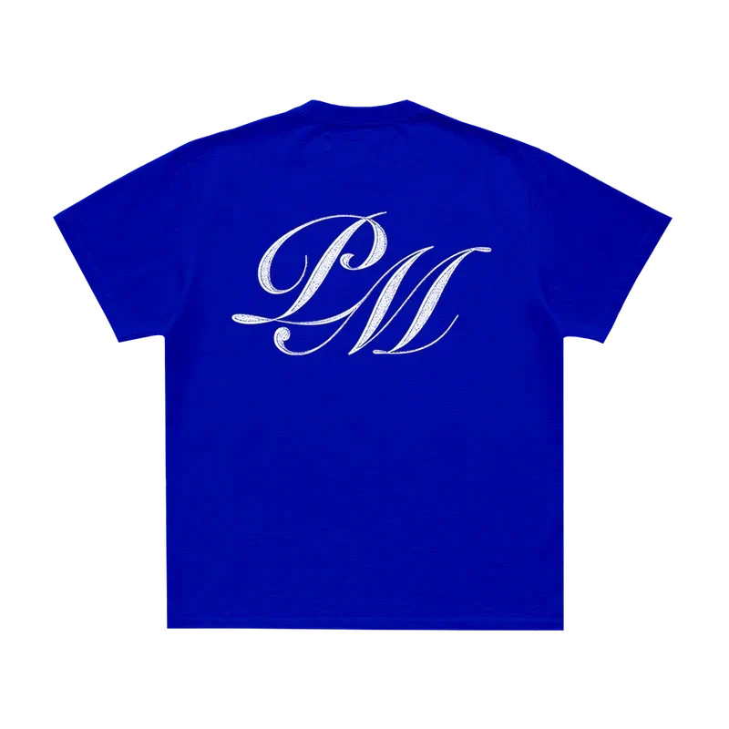 Royal blue Post Malone F-1 Trillion tee back with a large white PM monogram printed centre back