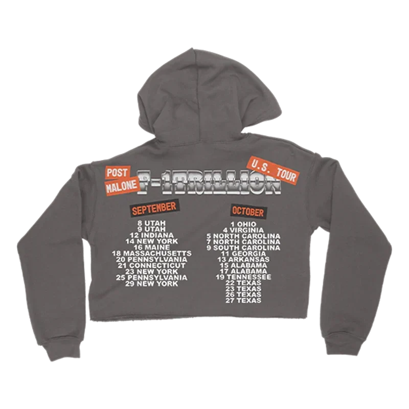 Grey Post Malone F-1 Trillion cropped hoodie back with red September and October tour dates
