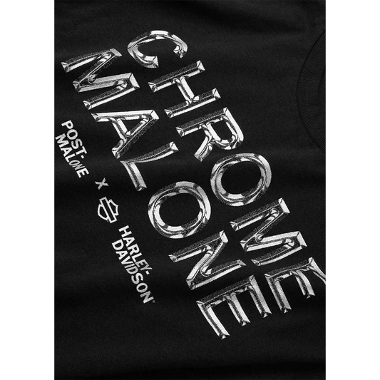 Close-up of the chrome Chrome Malone print and Harley-Davidson bar and shield on the black tee