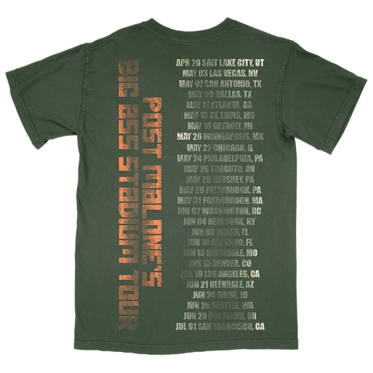 Forest green Post Malone x Bass Pro Shops tee back with vertical tour lettering and full date listing