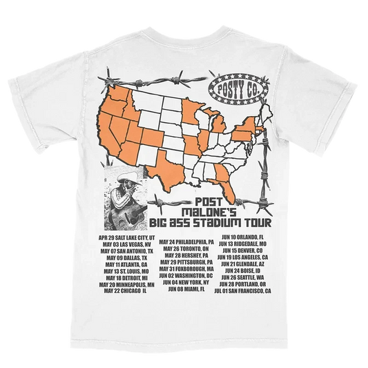 Post Malone Big Ass Stadium Tour all-over print tee back with a US map graphic and full tour dates