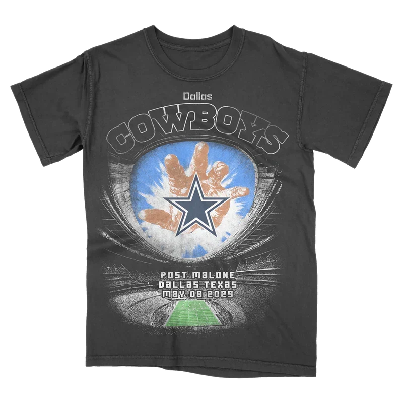 Charcoal Post Malone x Dallas Cowboys tee with a star and stadium graphic and Dallas Texas 2025 text