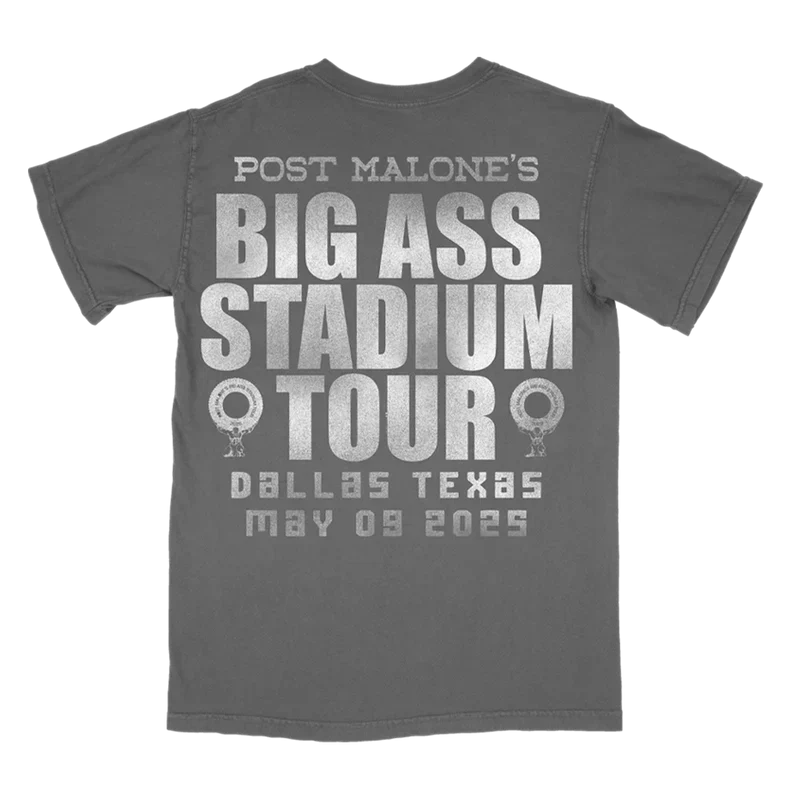 Charcoal Post Malone x Dallas Cowboys tee back with Big Ass Stadium Tour and Dallas Texas 2025 text