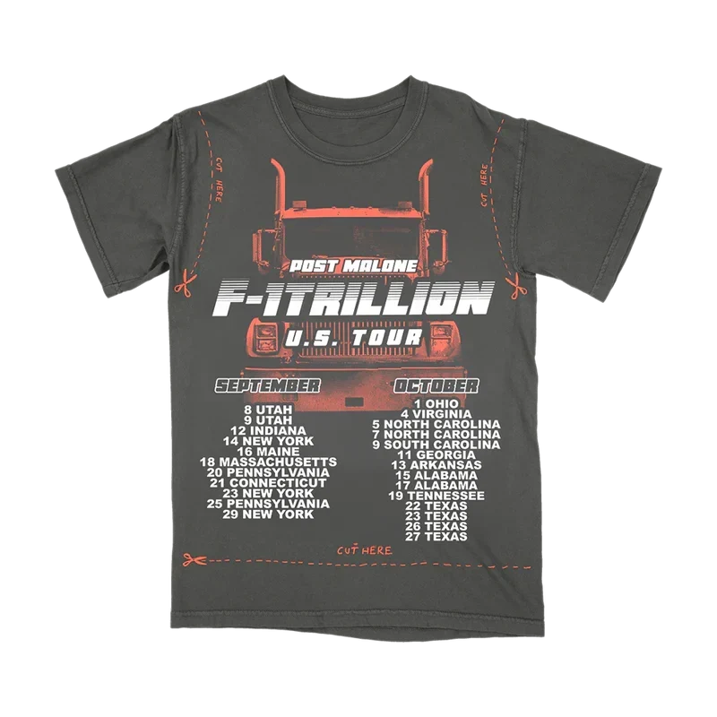 Charcoal Post Malone F-1 Trillion DIY cut out tee with orange US tour lettering and tour dates