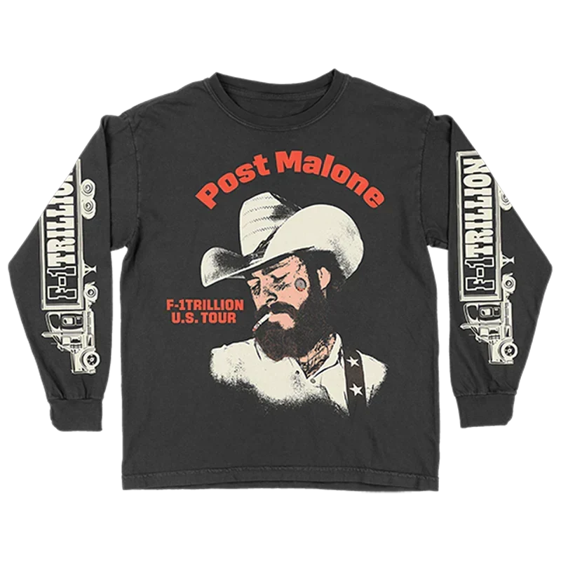 Black Post Malone F-1 Trillion tour long sleeve with a cowboy illustration and red script lettering