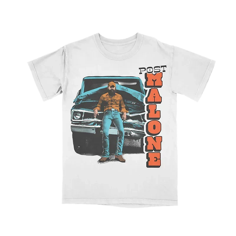 White Post Malone F-1 Trillion truck tee with a photo beside a blue car and orange block lettering