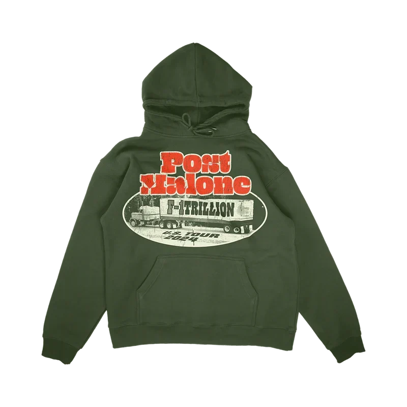 Olive green Post Malone F-1 Trillion hoodie with a red weigh station oval graphic on the back