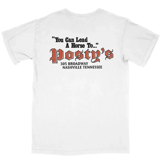 White Lead a Horse to Posty's tee back with red Posty's lettering and a Nashville Tennessee address