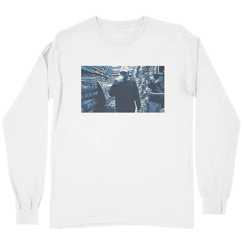 White Post Malone Too Young long sleeve tee with a rectangular black and white photo chest print