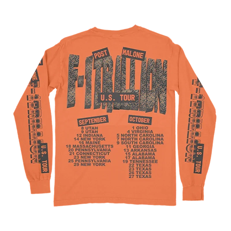 Orange Post Malone F-1 Trillion long sleeve back with US tour lettering and September tour dates