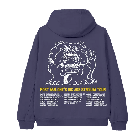 Purple Post Malone Posty Bulldog zip hoodie back with a white bulldog outline and stadium tour dates