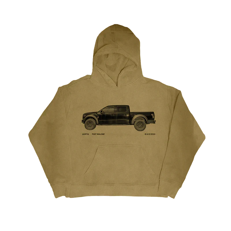 Olive khaki Post Malone truck graphic streetwear hoodie with a black pickup truck print on the chest
