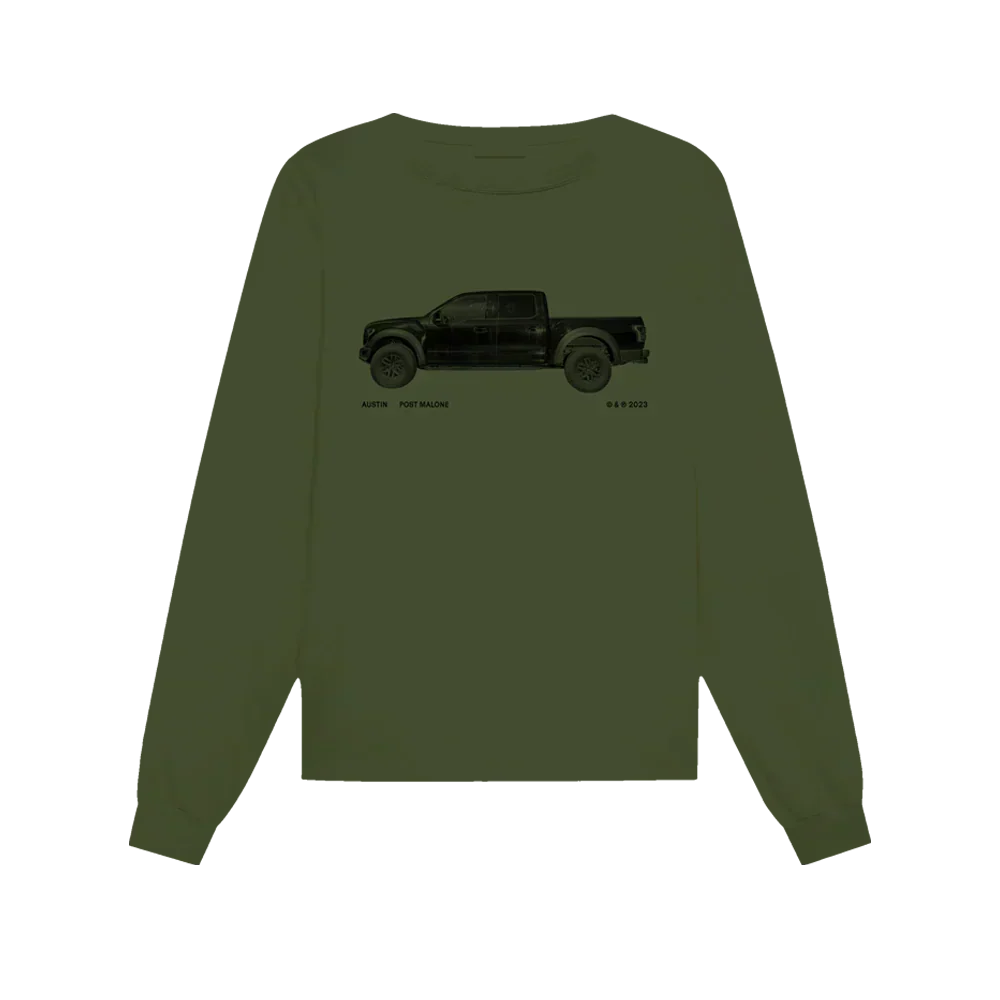 Olive green Post Malone truck tour long sleeve tee with a small black pickup truck graphic