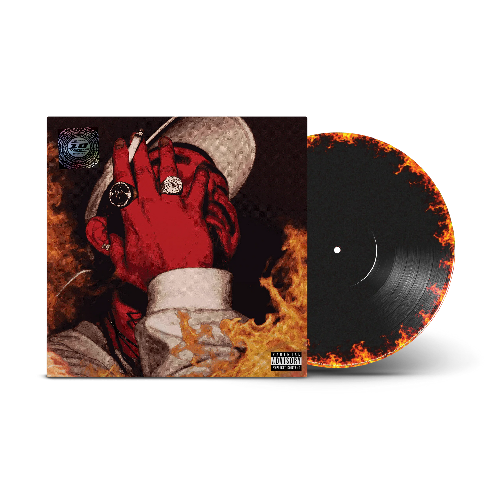 Post Malone August 26 vinyl LP with red-glove album cover artwork and a flame-edged black record