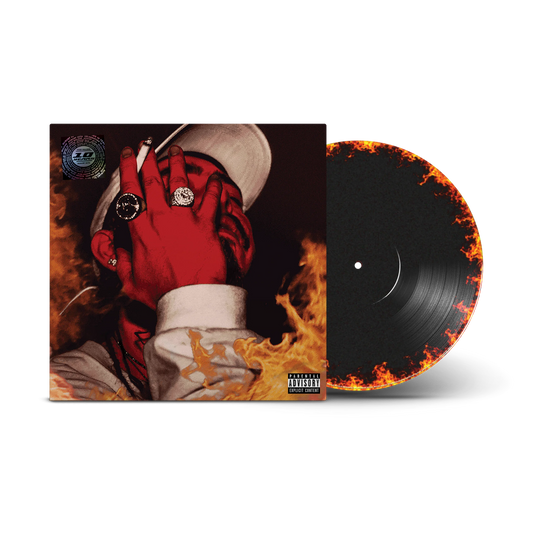 Post Malone August 26 vinyl LP with red-glove album cover artwork and a flame-edged black record