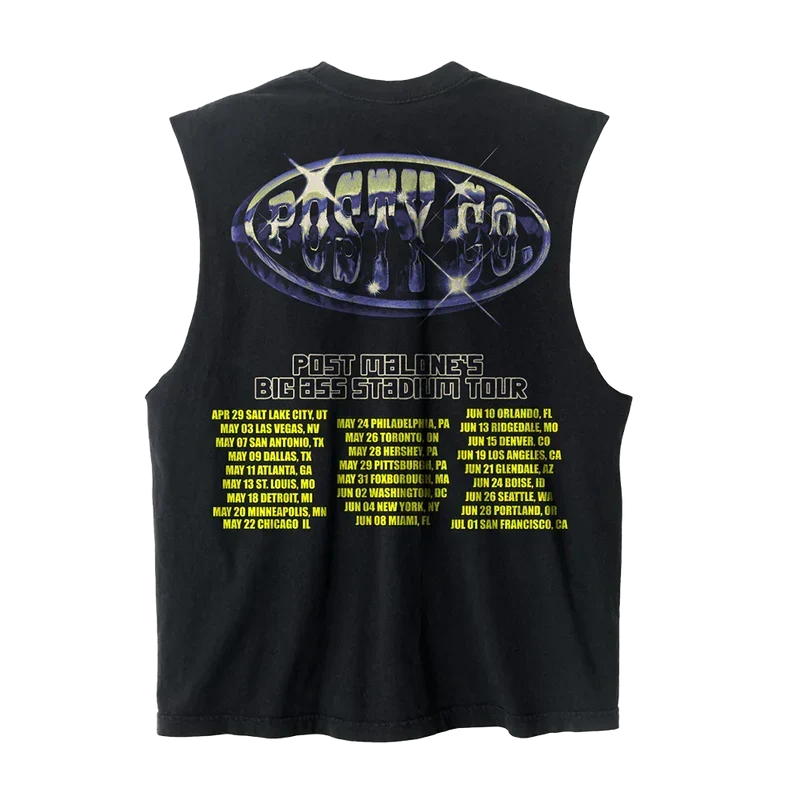 Black Post Malone Big Ass Stadium Tour cut out tank back with chrome Posty Co text and tour dates