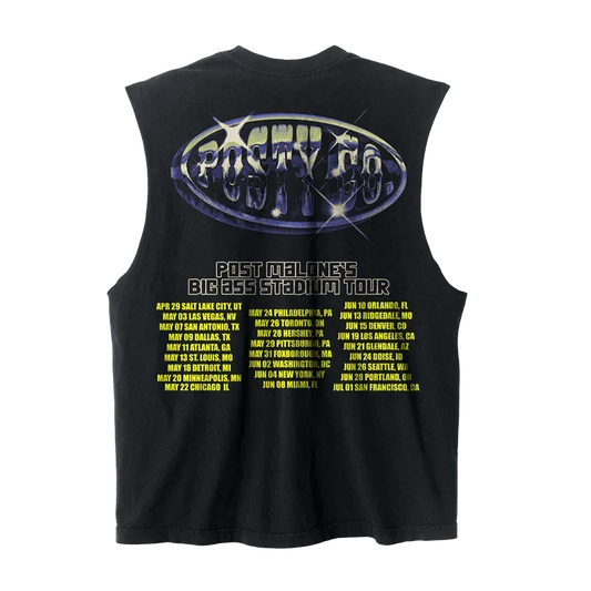 Black Post Malone Big Ass Stadium Tour cut out tank back with chrome Posty Co text and tour dates