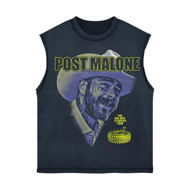 Navy Post Malone Big Ass Stadium Tour cut out tank with yellow lettering and a cowboy hat portrait