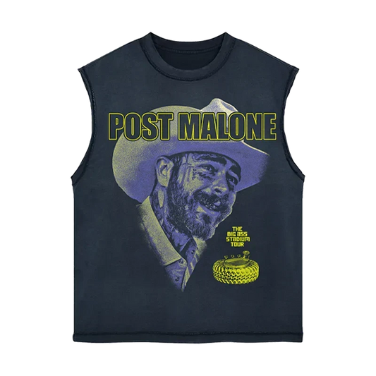 Navy Post Malone Big Ass Stadium Tour cut out tank with yellow lettering and a cowboy hat portrait