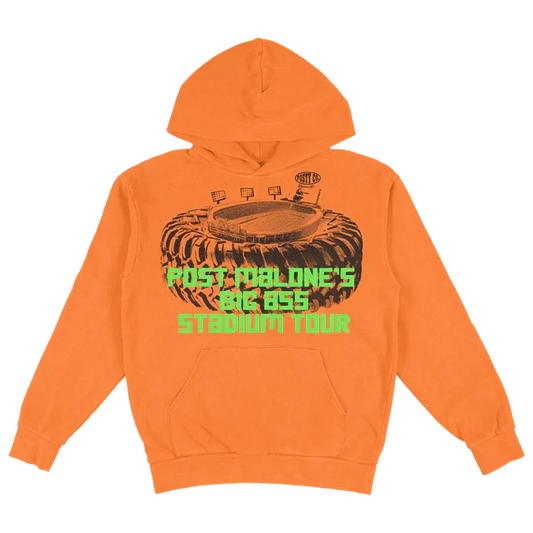 Orange Post Malone Big Ass Stadium Tour hoodie with a stadium graphic and green tour lettering