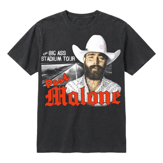 Washed black Post Malone Big Ass Stadium Tour tee with a cowboy hat photo and red script lettering