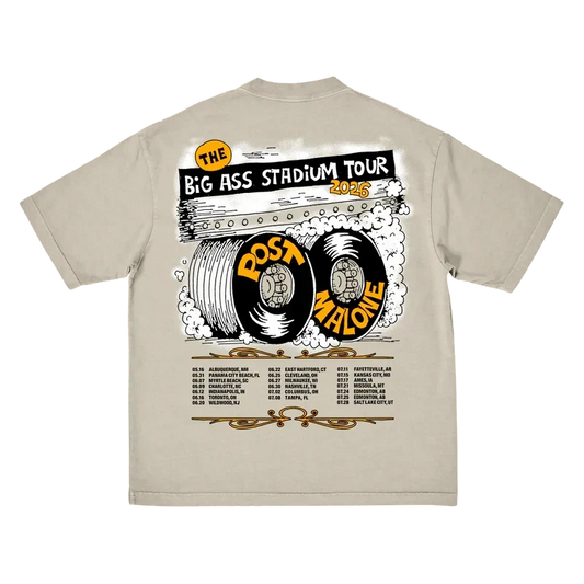 Beige Post Malone Big Ass Stadium Tour tee back with a tire lettering graphic and 2026 tour dates