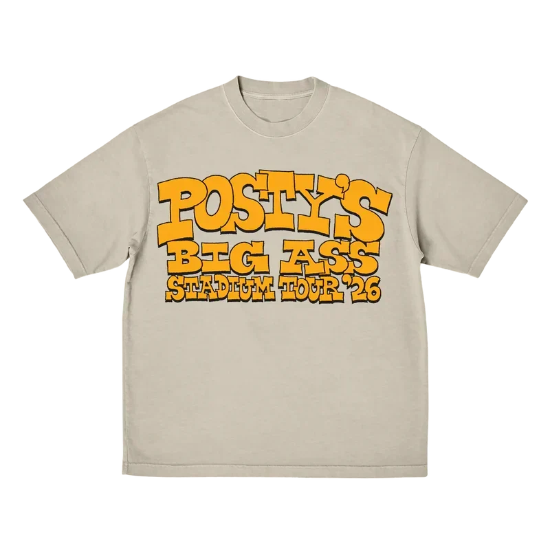 Beige Post Malone Big Ass Stadium Tour tee with an orange bubble-letter Posty's tour graphic on front