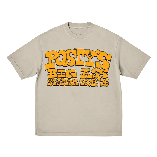 Beige Post Malone Big Ass Stadium Tour tee with an orange bubble-letter Posty's tour graphic on front