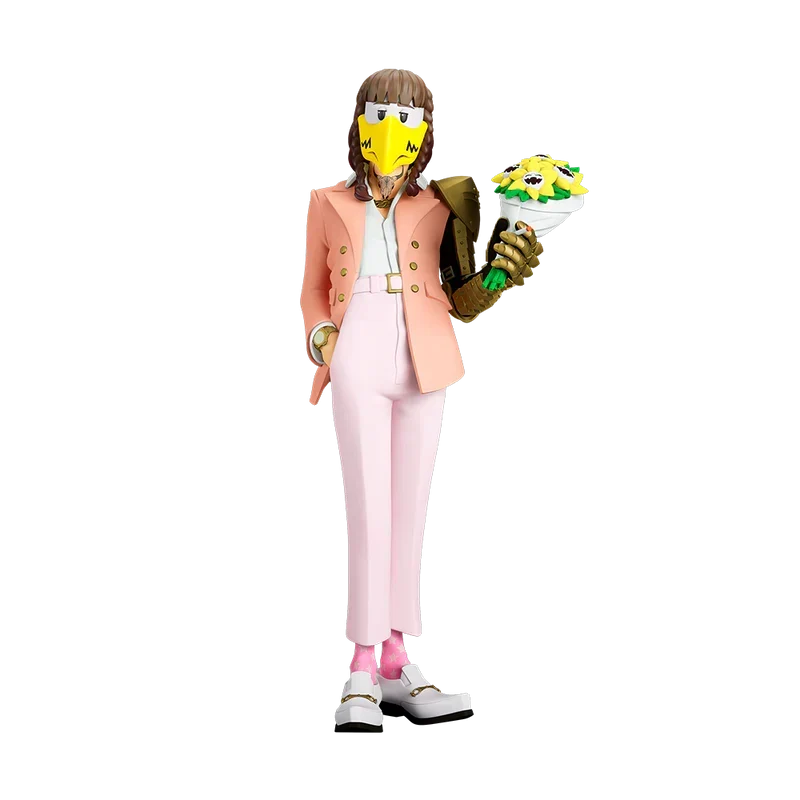 The Legend of Malone Post Malone statue in a yellow bird mask and pink suit holding flowers