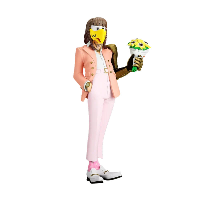 Side view of The Legend of Malone Post Malone statue in a yellow bird mask with a bouquet of flowers