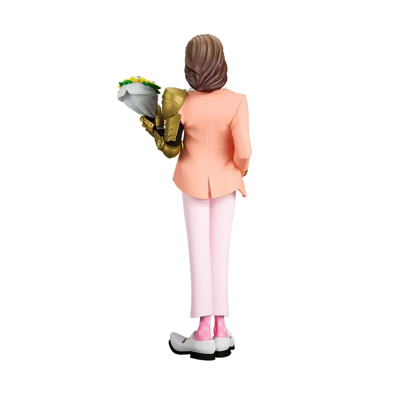 Back view of The Legend of Malone Post Malone statue in a peach blazer holding a bouquet of flowers