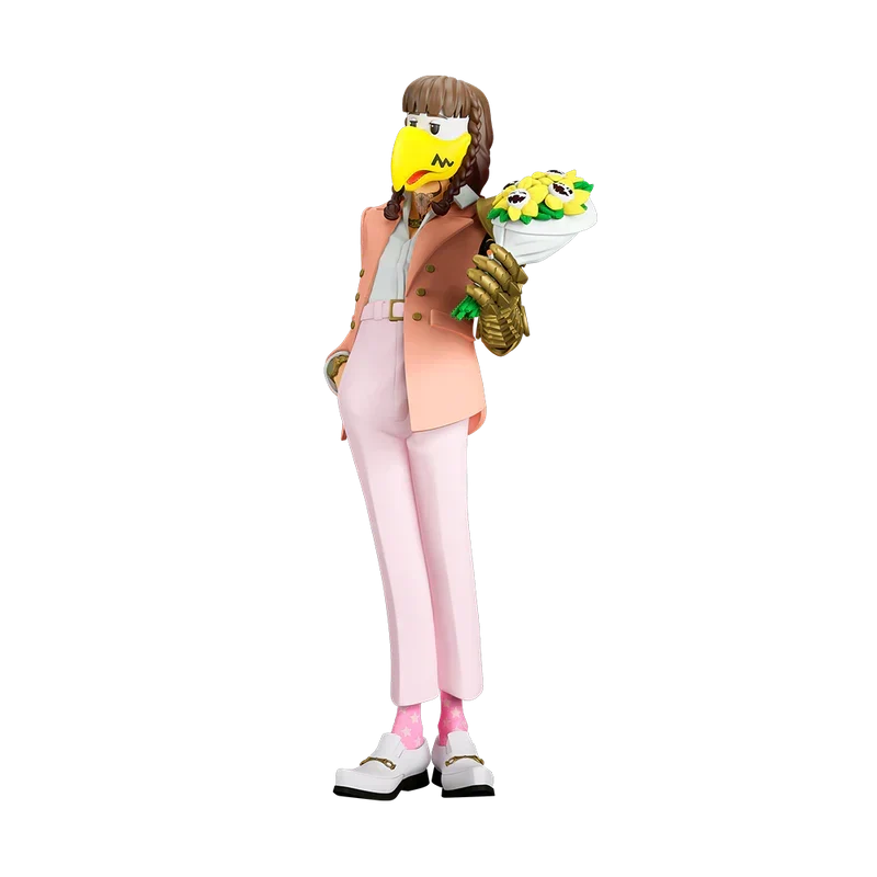 The Legend of Malone Post Malone statue in a yellow bird mask holding a bouquet, front view
