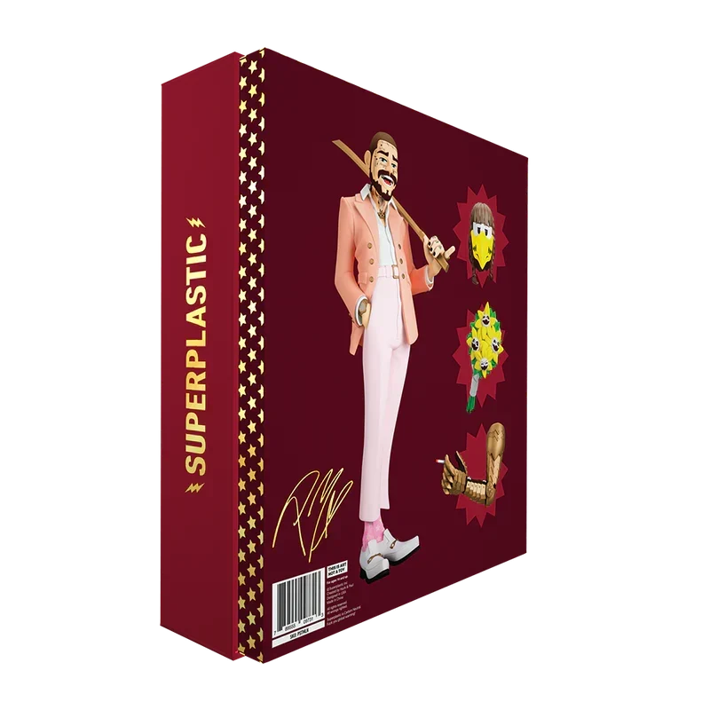 Burgundy Superplastic box for The Legend of Malone Post Malone statue showing the figure and extras