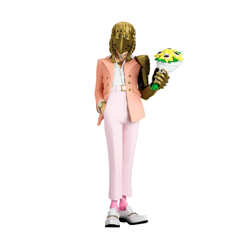 The Legend of Malone Post Malone statue wearing a full gold mask and holding a yellow bouquet