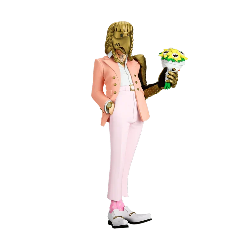 The Legend of Malone Post Malone statue in a gold mask holding a bouquet, three-quarter view