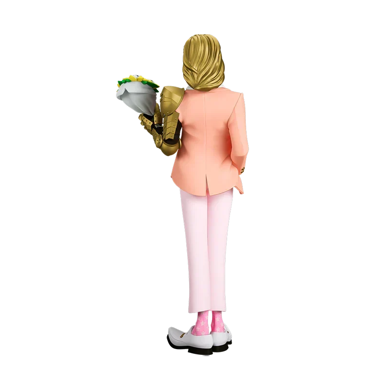 Back view of The Legend of Malone Post Malone statue wearing a gold mask and holding flowers