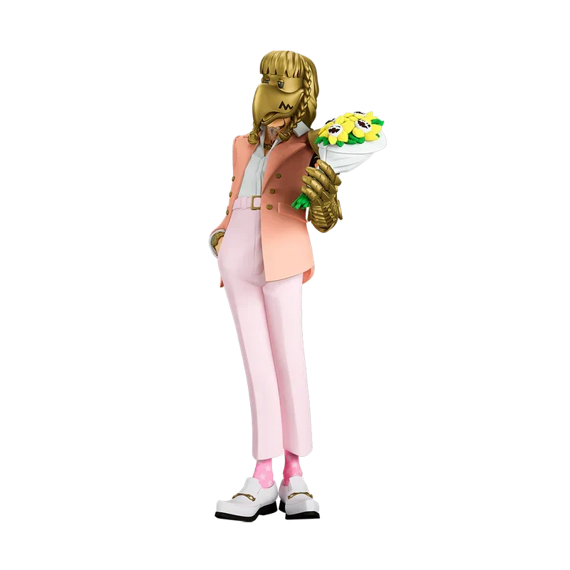 The Legend of Malone Post Malone statue in a gold mask holding a bouquet, shown from the side