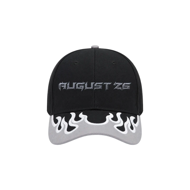 Black Post Malone August 26 hat with chrome embroidered lettering and white flame trim on the brim
