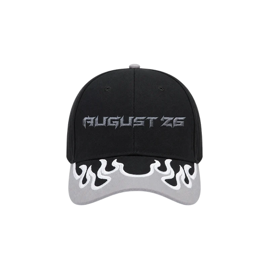 Black Post Malone August 26 hat with chrome embroidered lettering and white flame trim on the brim