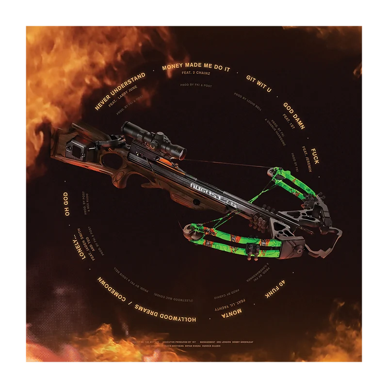 August 26 Post Malone vinyl back artwork with a crossbow on a fiery background and circular tracklist