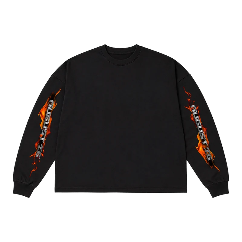 Black Post Malone August 26 long sleeve tee with chrome logo and orange crossbow flame sleeve prints