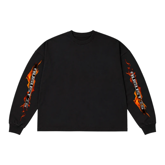 Black Post Malone August 26 long sleeve tee with chrome logo and orange crossbow flame sleeve prints